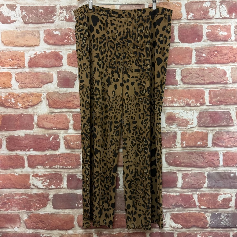 Susan Graver Pants Women's XL Brown Animal Print Stretchy Wide Leg Casual Career